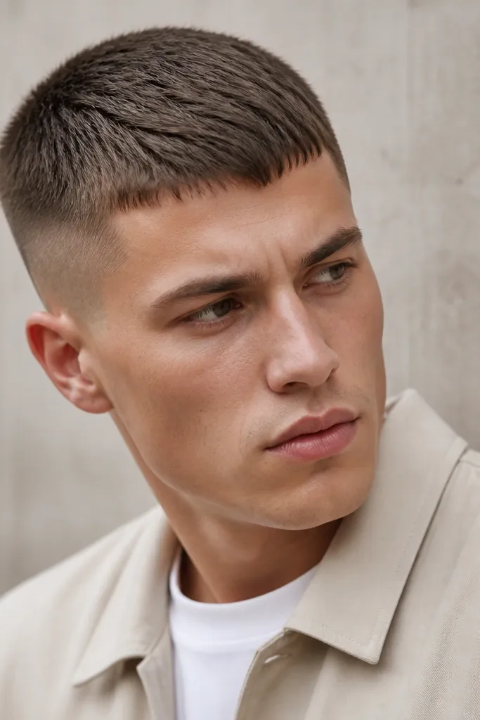 Short buzzed hair with a slightly longer front section that forms a micro fringe. Sides are faded and the top has a small forward sweep.