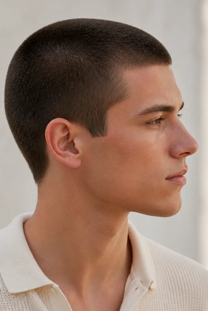 A uniform buzz cut where the entire head is the same length. The hair looks soft, evenly distributed, and the hairline is neatly cleaned.