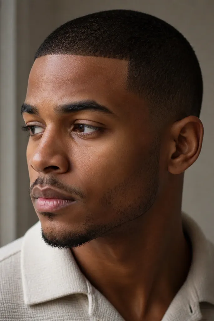 A short buzz cut with a sharp, crisp hairline and neatly defined temple corners. The sides are close but not fully bald, with a clean outline.