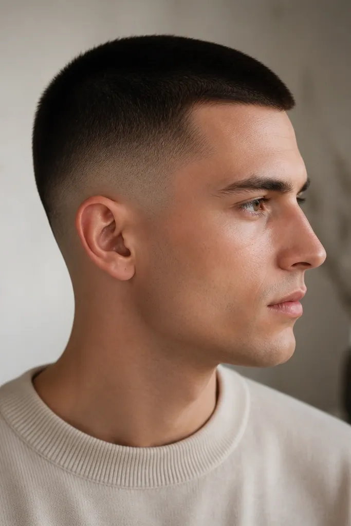 A mid-level fade on the sides with a top buzz that is slightly longer. The transition sits halfway up the head, and the neckline is neatly tapered.