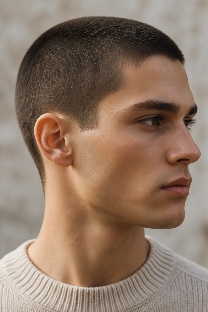 A buzz cut with uniform length on top and sides, but the edges around the ears are tapered and cleaned. The neckline is tidy and the overall look is smooth.