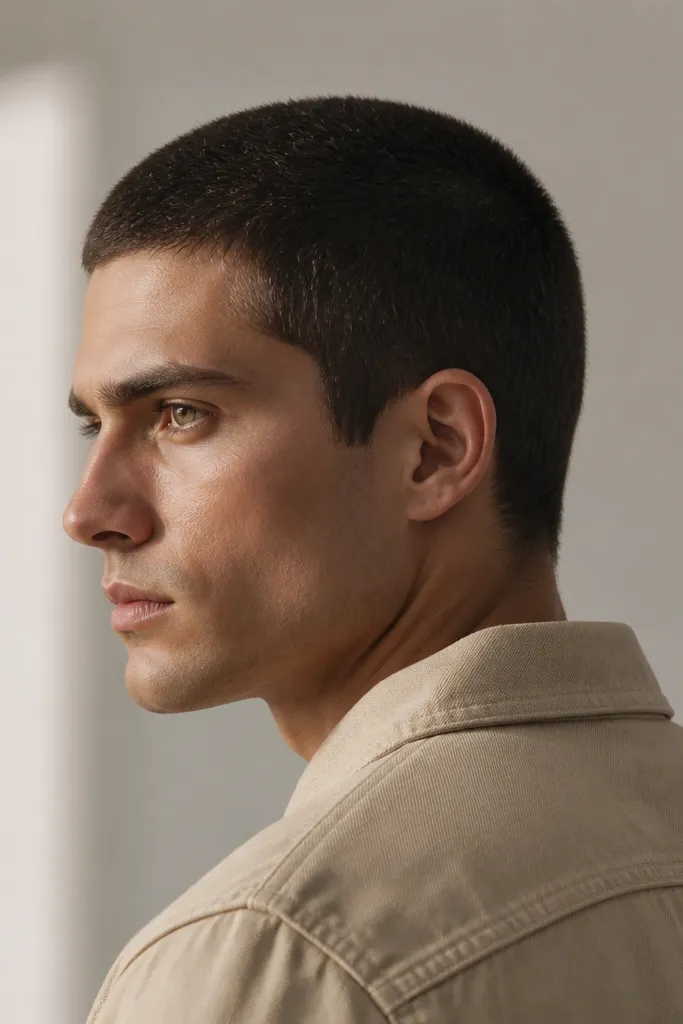 A short buzz cut that appears slightly longer than a typical buzz. The scalp is barely visible, and the sides are evenly clipped with a clean, simple neckline.