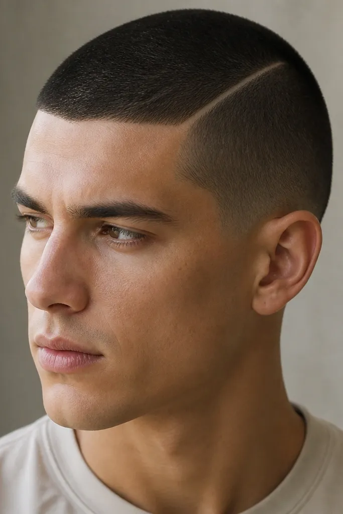 A close buzz cut with a subtle side part line drawn in the hair. The top is the same length, but the part line is crisp and visible.