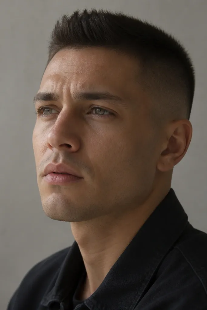 A buzz cut with slightly longer top hair that points upward. The sides are close, and the top has a controlled spike texture with a matte finish.