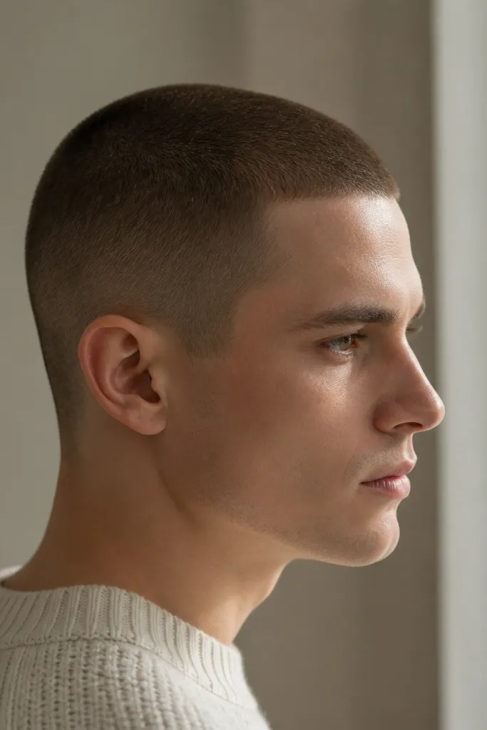 A buzz cut where the hairline and neckline have rounded edges. The sides are close, and the overall silhouette looks soft and clean.