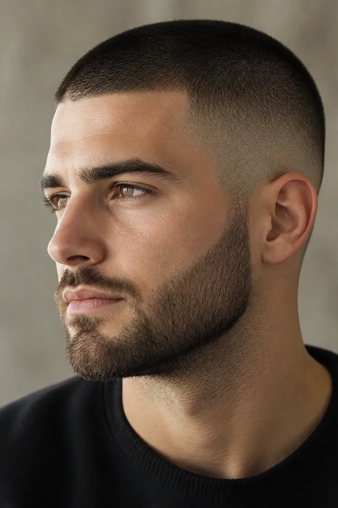 A man wearing a buzz cut with sides faded and a beard that is trimmed to a matching length. The hair and beard transitions look coordinated, with a clean cheek line.