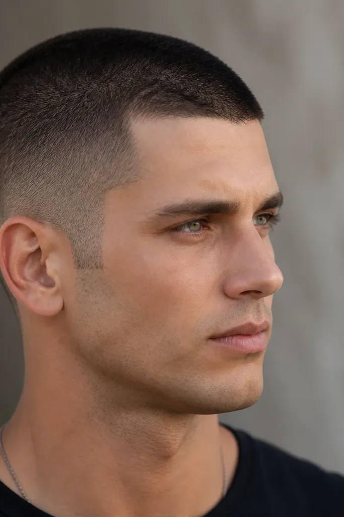 A close buzz cut with guard-1.5 on top and a subtle temple fade. Sideburns are crisp and the fade starts near the temples.