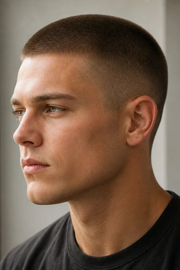 A buzz cut where the crown looks naturally rounded instead of flat. The sides are close, and the top has an even, domed shape.