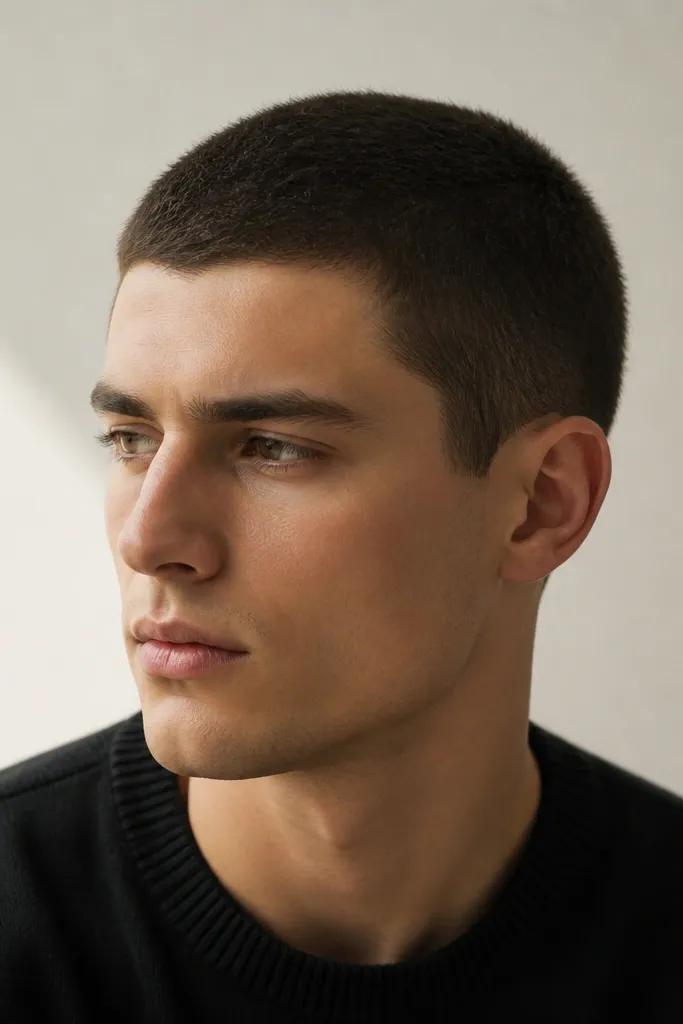 A longer buzz cut on top with sides slightly shorter and gently tapered. The look is close but not harsh, and the hair looks soft and even.