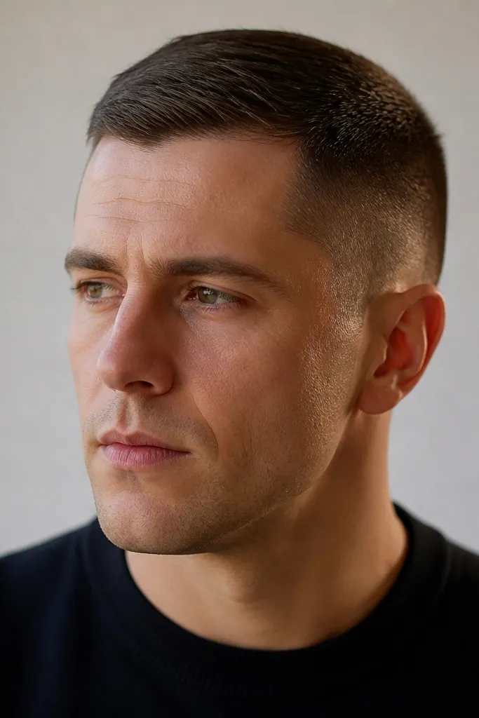 A close buzz cut where the top is slightly longer and swept to one side. The sides are clipped close, and the top has a controlled side direction.