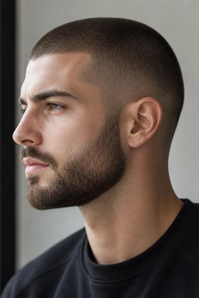 A buzz cut with a very tidy neckline and a beard that connects smoothly to the hair. The cheek line and neck line are both cleaned with a trimmer.