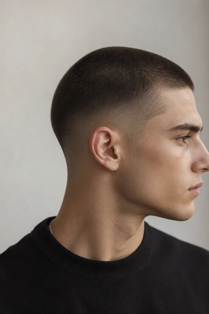 A buzz cut where the sides are close but there's a small fade detail behind the ear. The transition is subtle and the back looks clean.