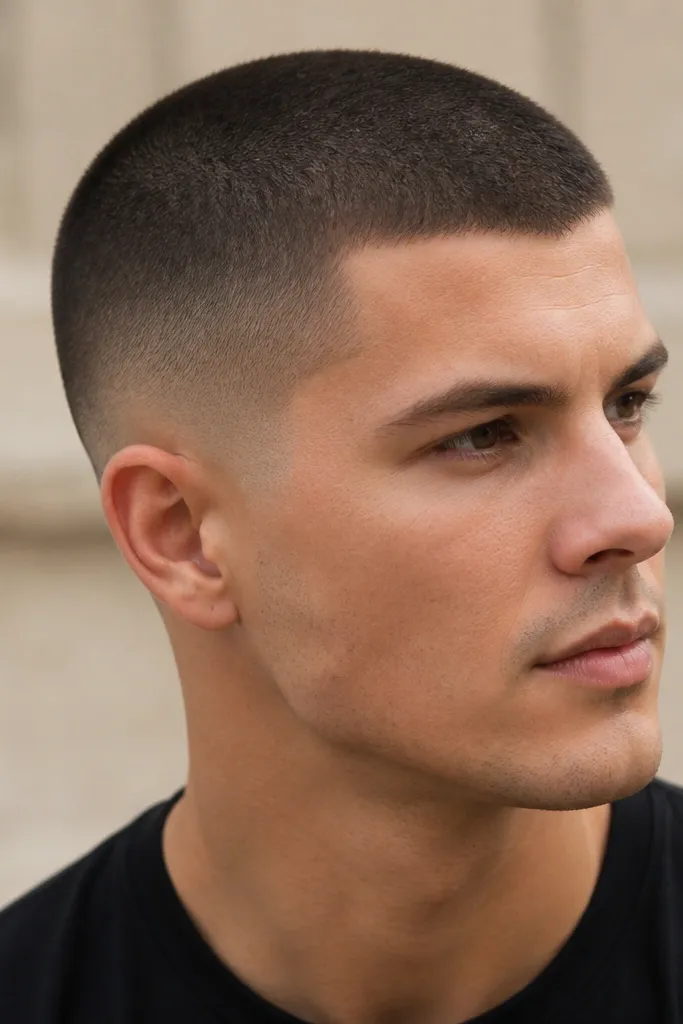 A close-up of a man with a buzz cut where the top is a uniform short 6mm length. The sides fade from a low line just above the ear upward into the buzz, with a smooth, dark-to-light blend. The skin looks clean and the overall silhouette is compact and neat.
