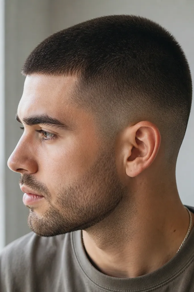 A person with a slightly longer buzz on top, about 9mm, showing a soft, even texture. The sides fade down to a very low, skin-adjacent edge near the bottom of the ear line, with a gentle gradient rather than a hard line. The hairline looks natural and not over-sculpted.