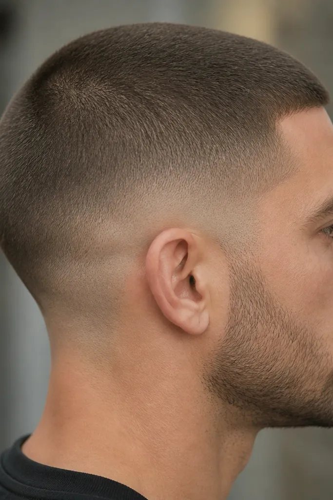 A close shot showing a buzz cut top around 1/4 inch. The sides show a low fade with a slightly longer intermediate step near the lower side, creating a "drop" effect before it blends into the skin. The edges are neat and the overall silhouette is rounded.