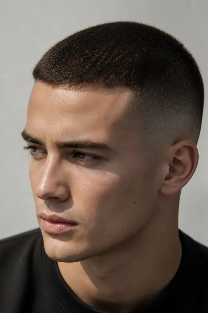 A buzz cut with a low fade on the sides and a slightly uneven front line where the buzz length looks a touch longer at the forehead. The front edge looks natural, not squared off, and the fade blends smoothly into the top. The person's forehead shows a soft, subtle shadow line.