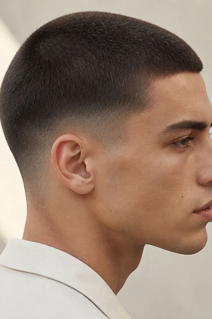 A side profile showing a low fade that stays near the ear, plus a gentle taper at the temple area. The transition at the temple is smooth and rounded, not carved. The top buzz looks even and the overall shape is soft around the face.