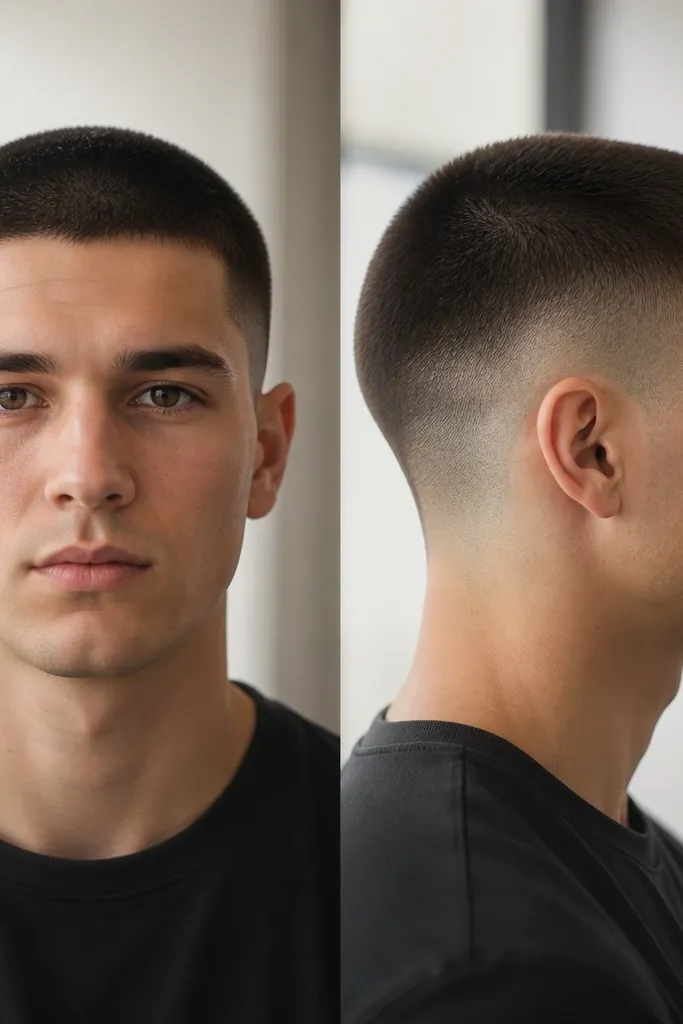A front and side view showing a clean low fade with a softened neckline. The neckline isn't a hard straight line; it curves naturally with the skin and looks blended. The top buzz is uniform and the sides fade smoothly down to the neck.