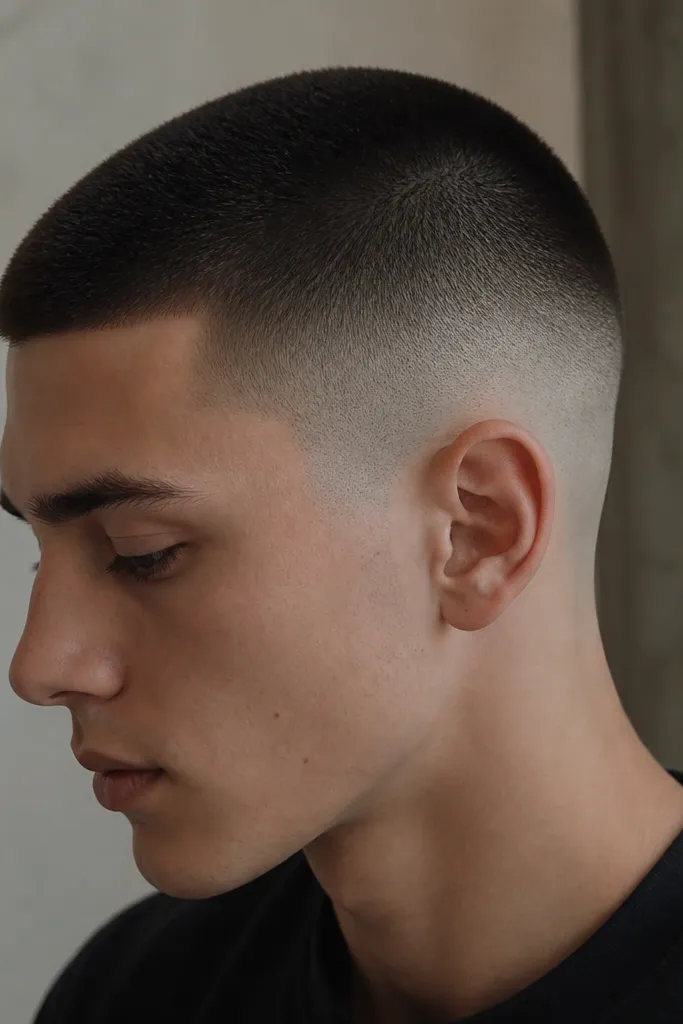 A buzz cut where the sides are faded low but there are no visible etched lines. The fade looks cloudy and smooth, and the edges around the ear and temple are blended. The top buzz is evenly colored and matte.