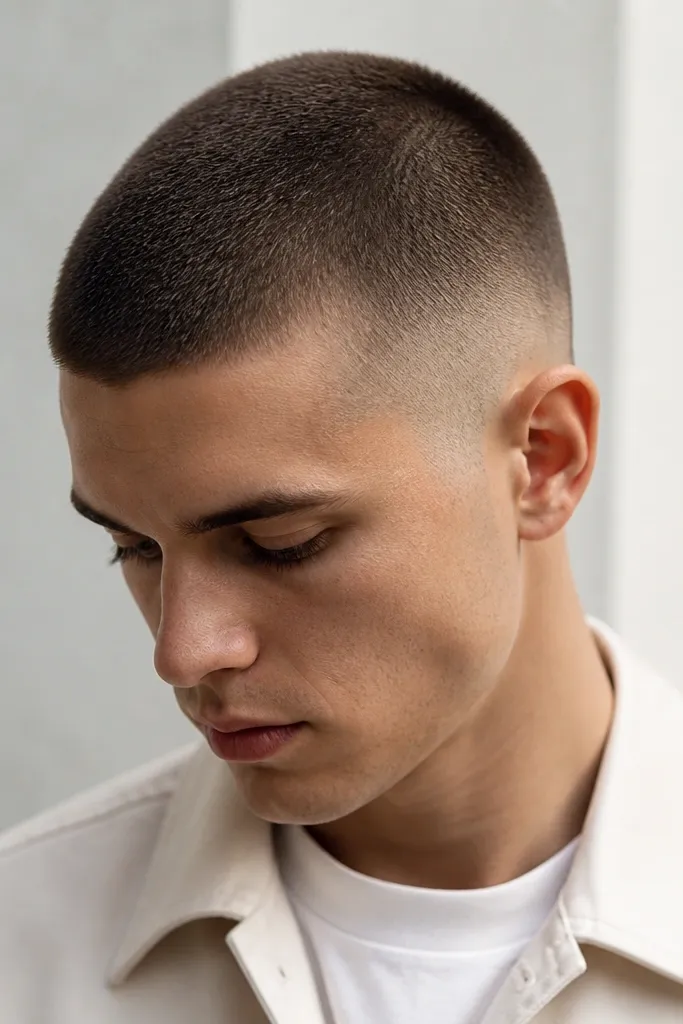 A buzz cut where the top is mostly uniform, but the crown area looks slightly shorter and denser. The sides fade low and blend into the crown without a hard shelf. The overall look has a subtle gradient on top.