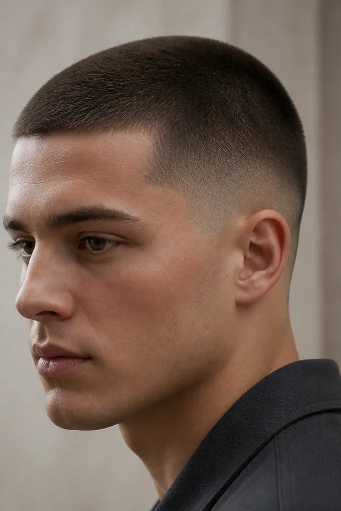 A buzz cut with a low fade where the sides have a visible 3mm stage before blending down. The top is longer than the sides, and the fade shows a clear but subtle step. The overall silhouette is still low and clean, not high-contrast.