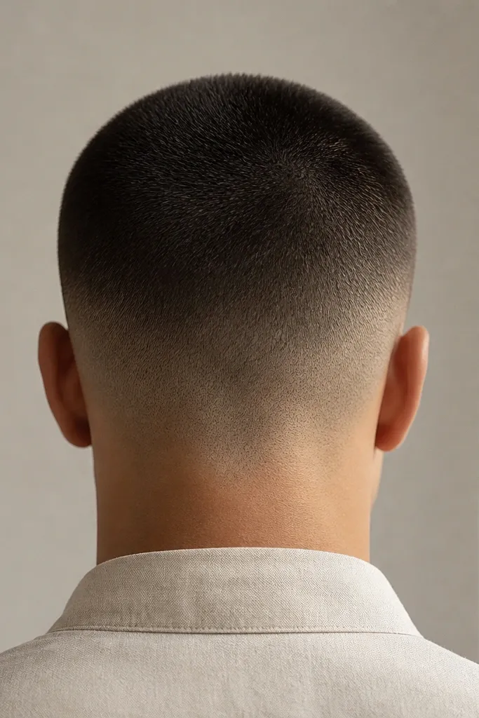 A back view showing a low fade that tapers smoothly with a rounded shape at the back of the head. The fade blends from the top buzz down toward the neckline without sharp angles. The top buzz looks uniform and the silhouette is gently rounded.