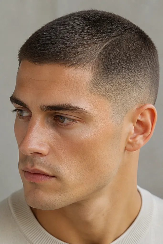 A buzz cut with a low fade where the top has a faint direction change at one side, creating the look of a side part without a visible razor line. The sides are faded low and blended, and the front/top has a slight shift in texture. The overall look is neat and soft.