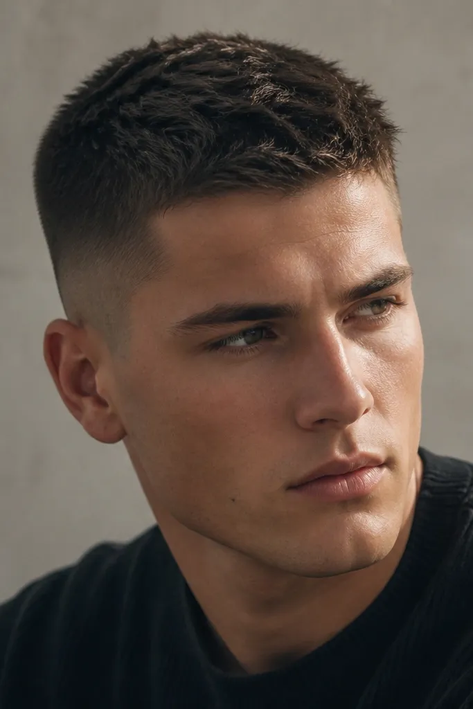 A buzz cut where the front has slightly lifted texture compared to the rest of the top, like a micro fringe effect. The sides show a low fade that blends smoothly, and the front edge looks airy rather than flat. The top is short but shows direction and lift.