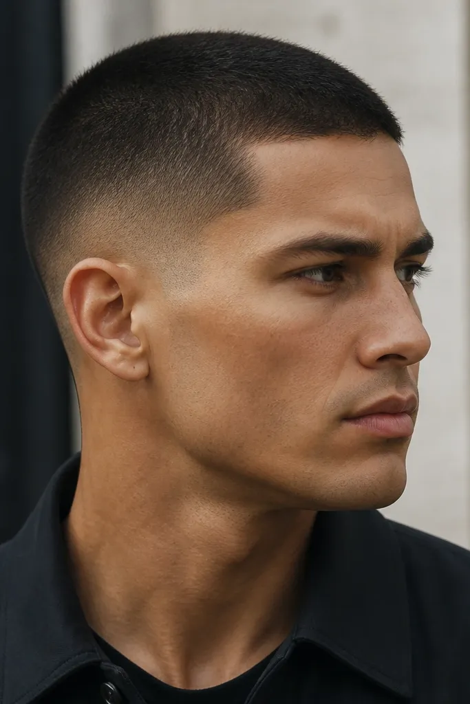 A buzz cut where the top has a gentle two-length look: slightly longer at the sides near the fade and slightly shorter at the center. The low fade is smooth and blends into both lengths. The finish looks matte and even, with subtle depth on top.