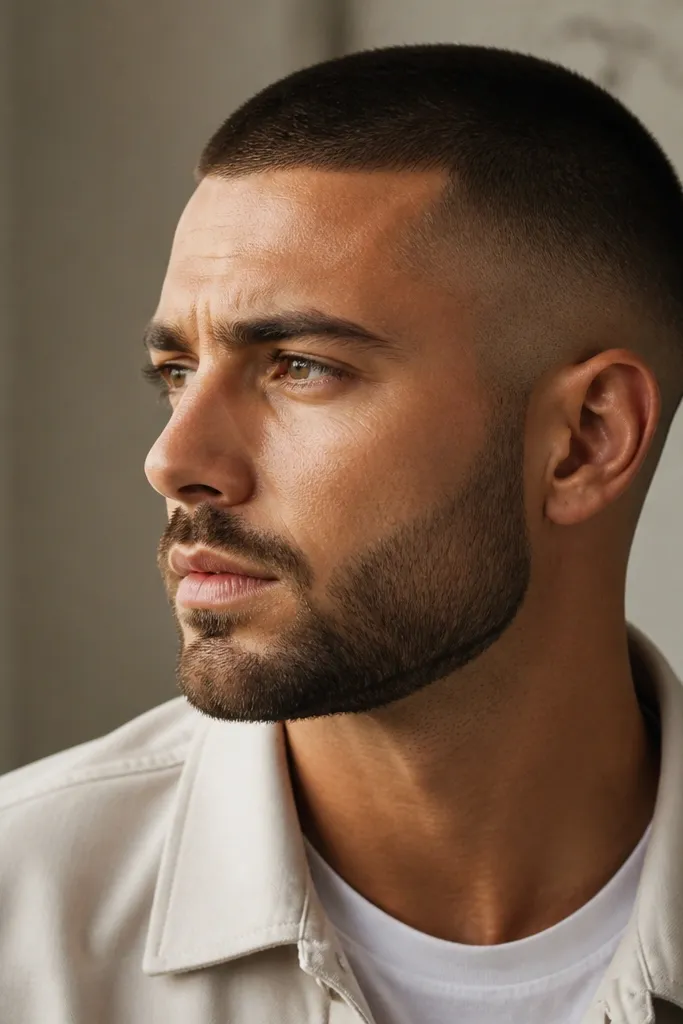 A buzz cut paired with stubble or a short beard where the side fade aligns visually with the beard line. The sides are low and clean, and the beard edge looks intentionally matched in height. The overall face framing looks balanced and neat.