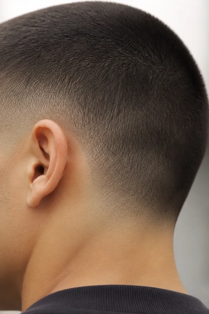 A close-up that highlights the area behind the ear. The fade is low and blended, and the hair behind the ear is cleaned so the skin shows a smooth, intentional curve. The top buzz is even and the overall look is tidy from front to back.