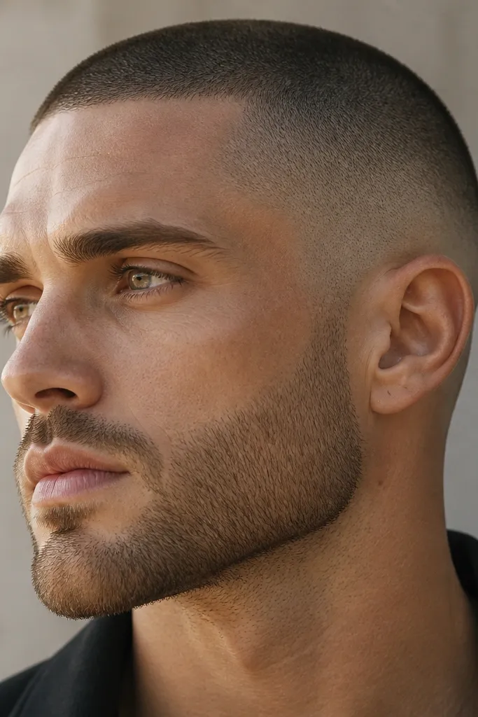 A close-up of a man wearing an extremely short buzz with a skin fade, paired with a beard that is uniformly short (about 5mm) and squared off along the jaw. The cheeks are cleanly trimmed, the jawline looks straight, and the chin hair matches the rest.