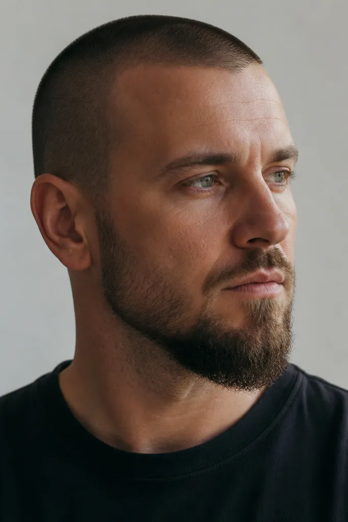 A man with a near-zero buzz cut and a scruffy beard that is noticeably fuller at the chin. The cheeks are shorter and lightly tapered, while the chin hair looks thicker and slightly longer, creating a forward-pointed shape.