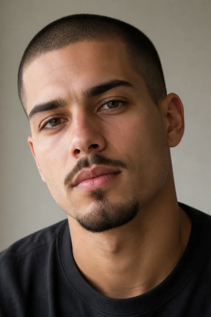 A close portrait of a man with a buzz cut and a neatly trimmed goatee with a short mustache. The goatee is centered under the mouth, edges are clean, and the cheeks are mostly bare except for faint stubble.