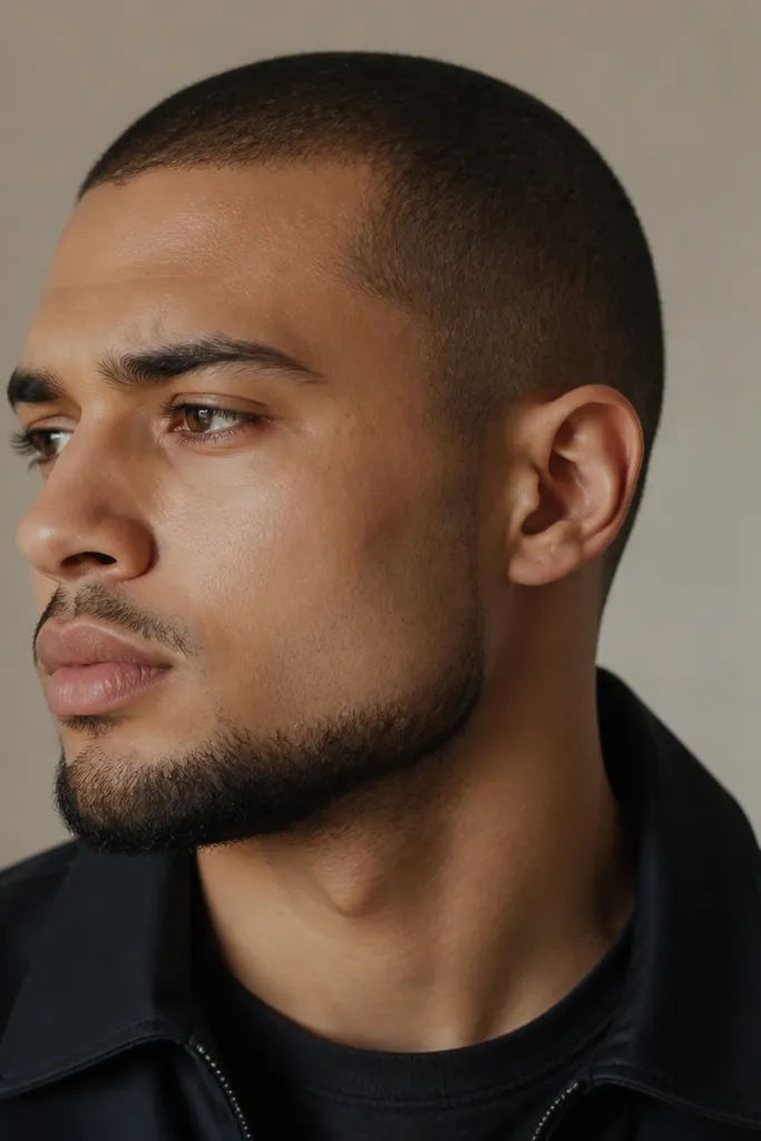 A man with a short buzz cut paired with a beard that looks like a chin strap running from one side of the jaw to the other. The cheeks are shaved close, and the chin line is longer and slightly fuller.