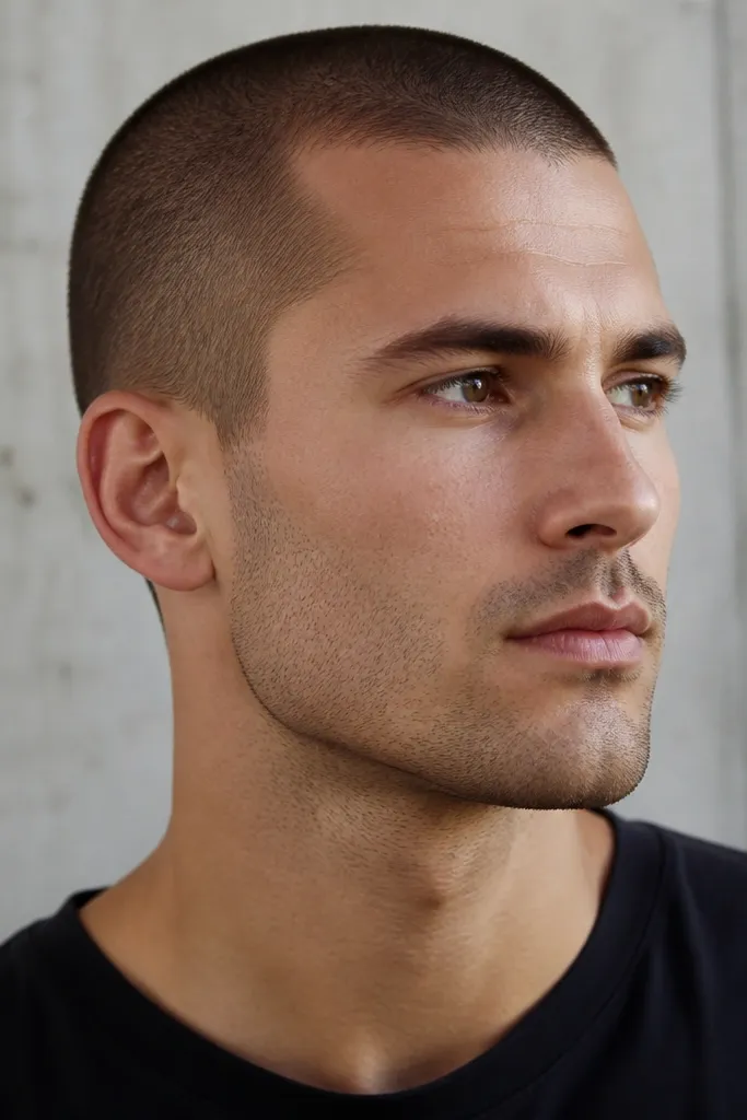 A man with a buzz cut and a very short beard shadow that looks like even stubble. The neck is razor-clean with a distinct neckline, and the cheeks are uniform with no patchy spots visible.