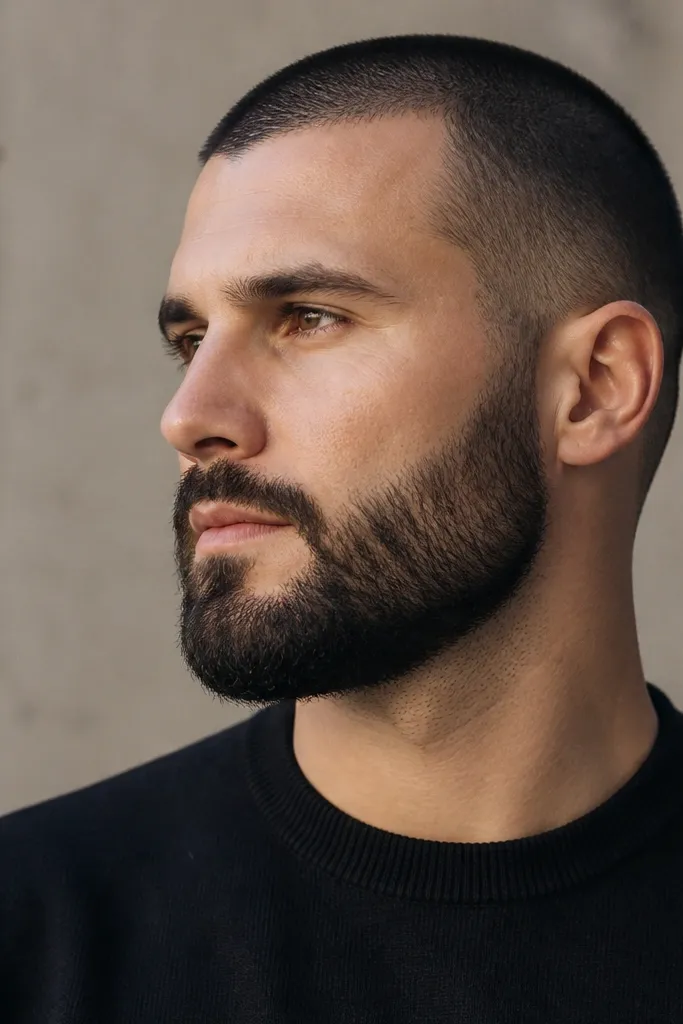 A man with a buzz cut and a beard that is longer at 12mm with a rounded jawline. The cheeks taper slightly, and the beard looks fuller around the chin while still clean at the neck.