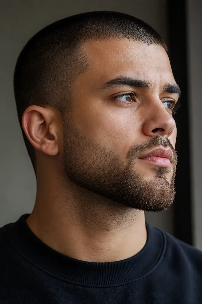 A man with a buzz cut and a tapered beard where the cheeks are trimmed to a lighter 4mm and the chin is slightly longer at 6mm. The neckline is clean and the jaw edge looks smooth.