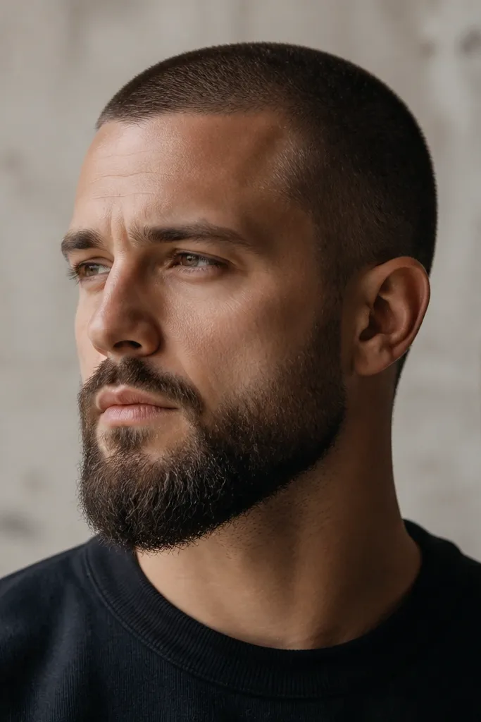 A man with a buzz cut and a longer beard around the chin and jaw, fading shorter toward the cheeks. The beard looks fuller in the center and has a smooth gradient from chin to jaw to cheeks.