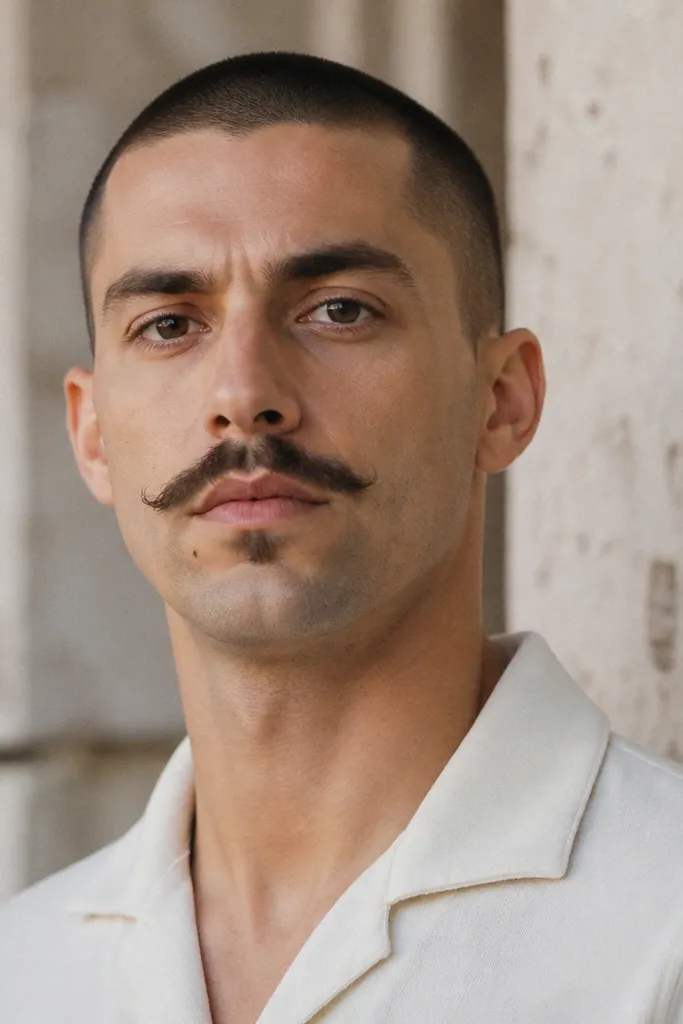 A man with a buzz cut and a groomed mustache that's slightly longer at the center, with small goatee corners under the mouth. Cheeks are mostly shaved clean, and the shape is centered and deliberate.