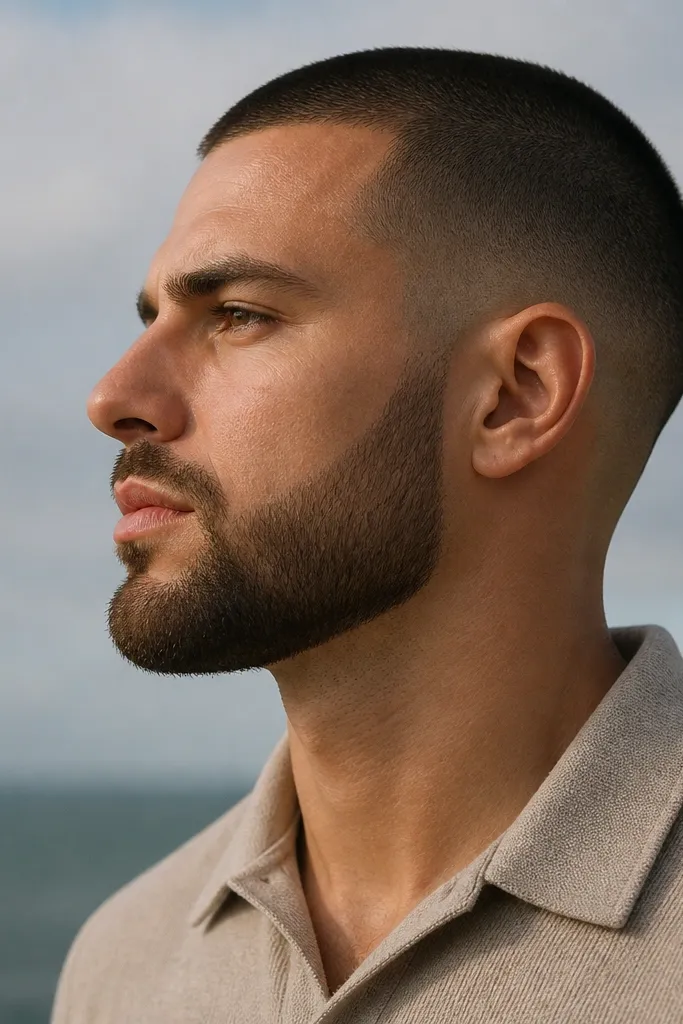 A man with a buzz cut and an 8mm beard shaped into a box around the jaw. The neck area is shaved very clean with a distinct razor line, and the cheeks are trimmed to match the jaw.