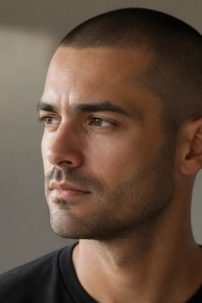 A man with a buzz cut and a 3mm beard that looks like fresh stubble after three days. The cheeks taper inward toward the jaw, and the neck is shaved clean.