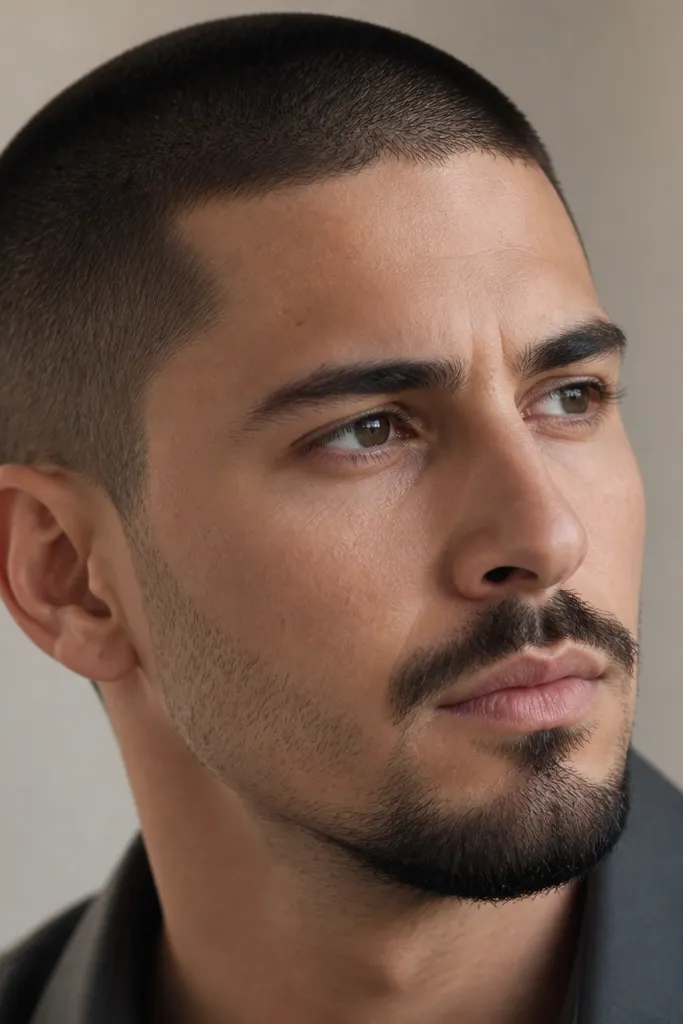 A close-up showing a buzz cut and a short Verdi beard: a mustache connected to a small chin beard, with the cheeks mostly stubbled at a lower level. Edges are clean and the chin portion looks fuller than the cheeks.