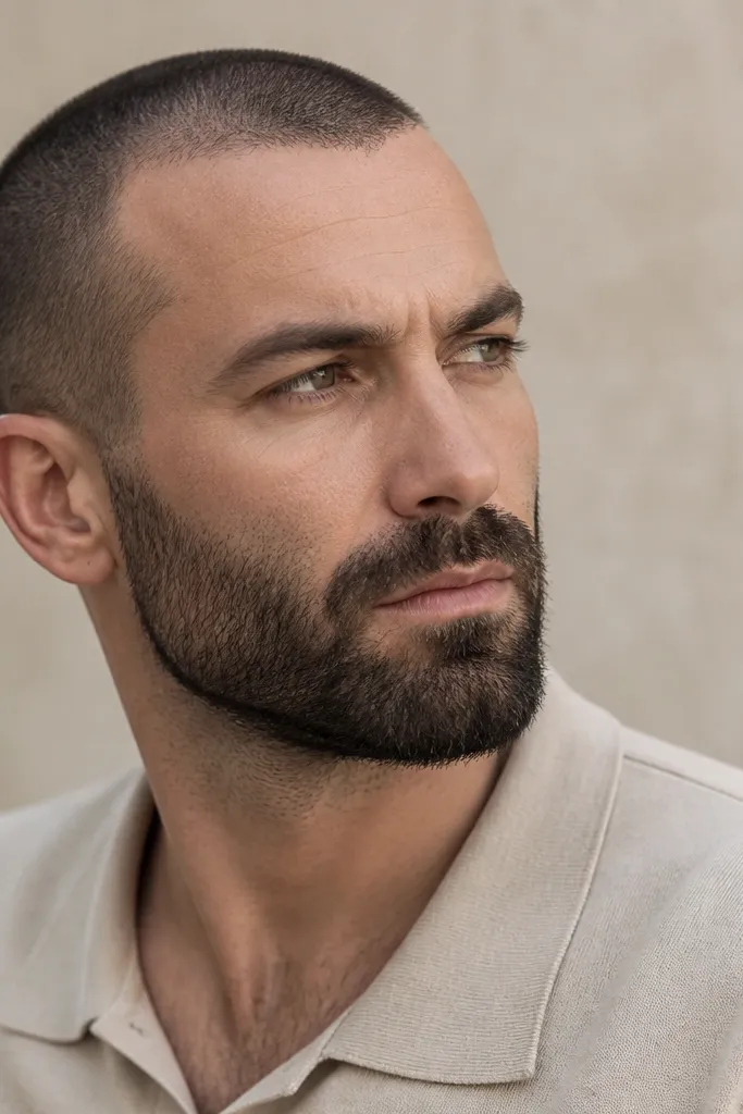 A man with a buzz cut and a beard trimmed to about 9mm with visible texture. The cheeks are trimmed but still show rugged hair direction, and the jaw looks strong with a slightly rugged, not perfectly smooth, finish.
