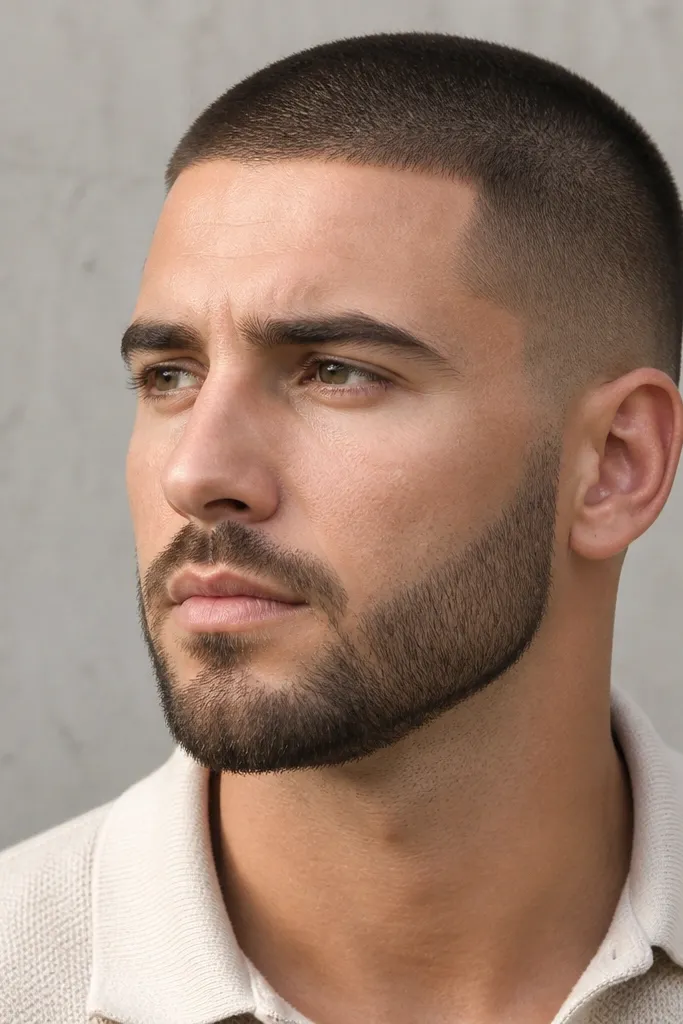 A man with a buzz cut and a beard shaped into a subtle chevron under the chin. The beard is around 6mm, the cheeks have clean, straight edges, and the chin points slightly downward.