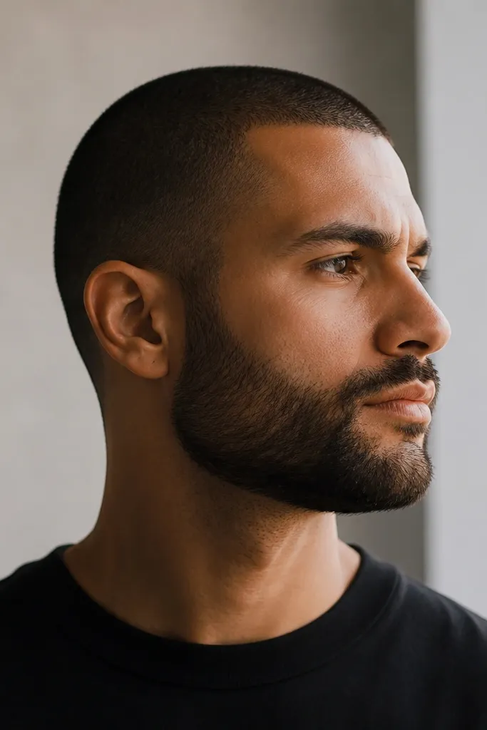 A man with a buzz cut and beard that blends into soft sideburns. The sideburns are kept short around 7mm, cheeks are trimmed evenly, and the jawline looks continuous from ear to chin.