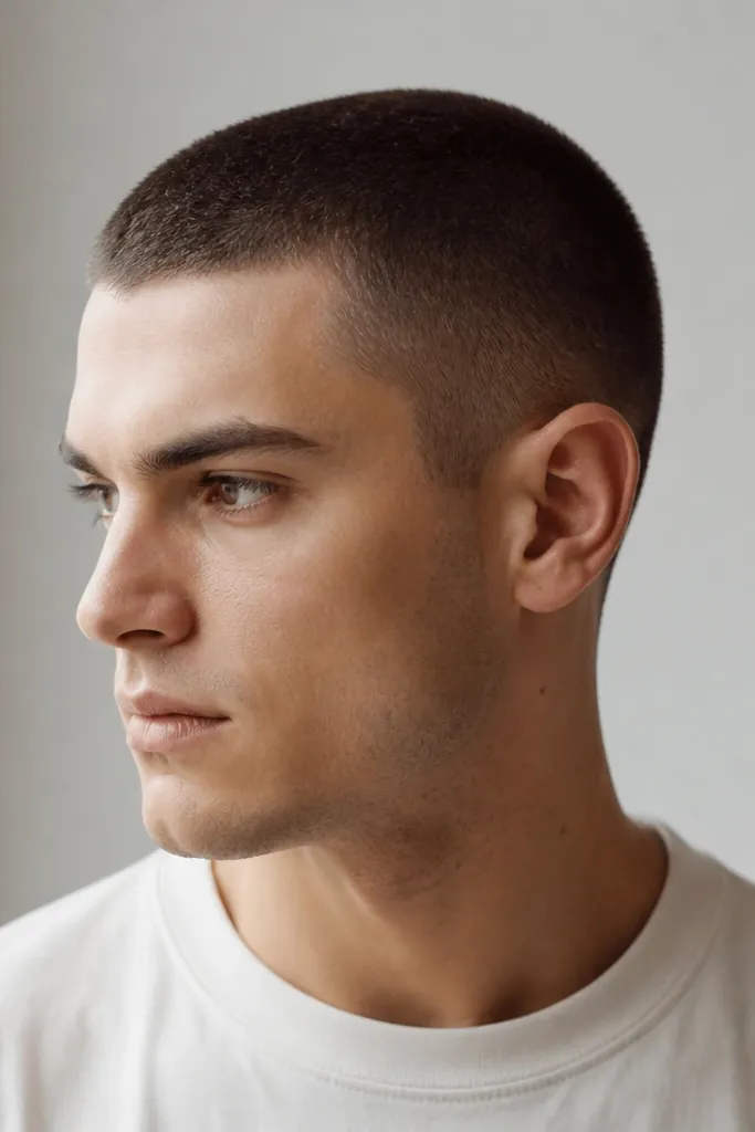 Head with a uniform buzz at about 1.5 guard length across the top, with sides blending down into a soft taper that never hits a hard line. The hair looks flat and even, with a clean neckline just above the collar.