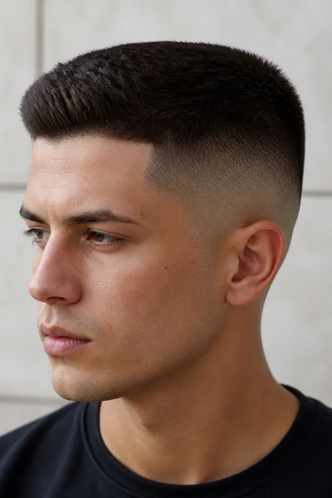 Very short sides nearly to skin (0.5 skin fade), blending smoothly upward into a 1.5-length top. The top is flat and straight, with the fade disappearing before it reaches the crown area.