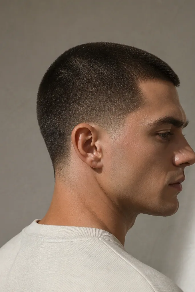 A buzz cut around 2 guard length across the head, with a low taper that starts near the lower sides and blends gently up. The neckline is relaxed and sits around the upper collar.