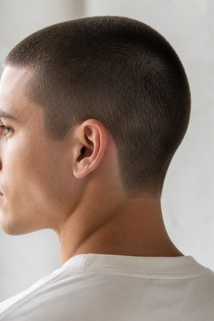 A very even buzz at about 1 guard length across the entire head. The neckline has a crisp, tidy edge line behind the head, and the ears are cleaned up with sharp but not harsh borders.